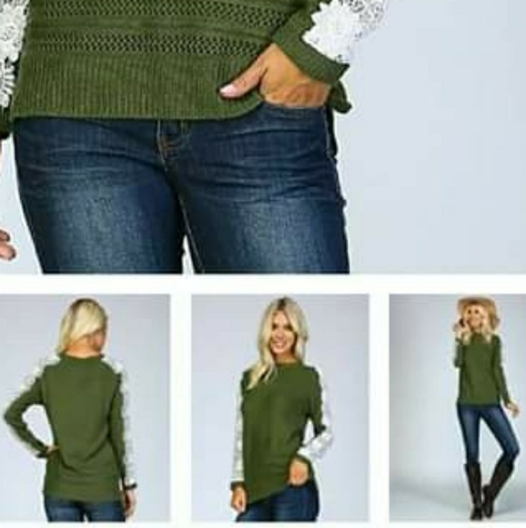 Olive Green Cable Knit Lace Sweater - Picture 2 of 4